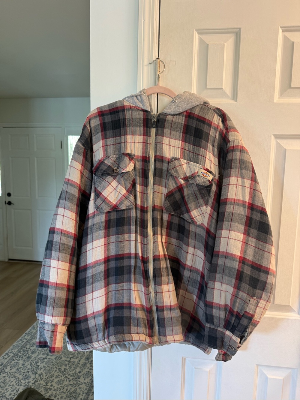 Dickies Gray & Red Plaid Hooded Zip Jacket